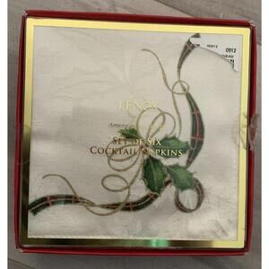Lenox Holiday Cloth Cocktail Napkin Ribbon Holly Leaf Ribbon Christmas Set Of 6